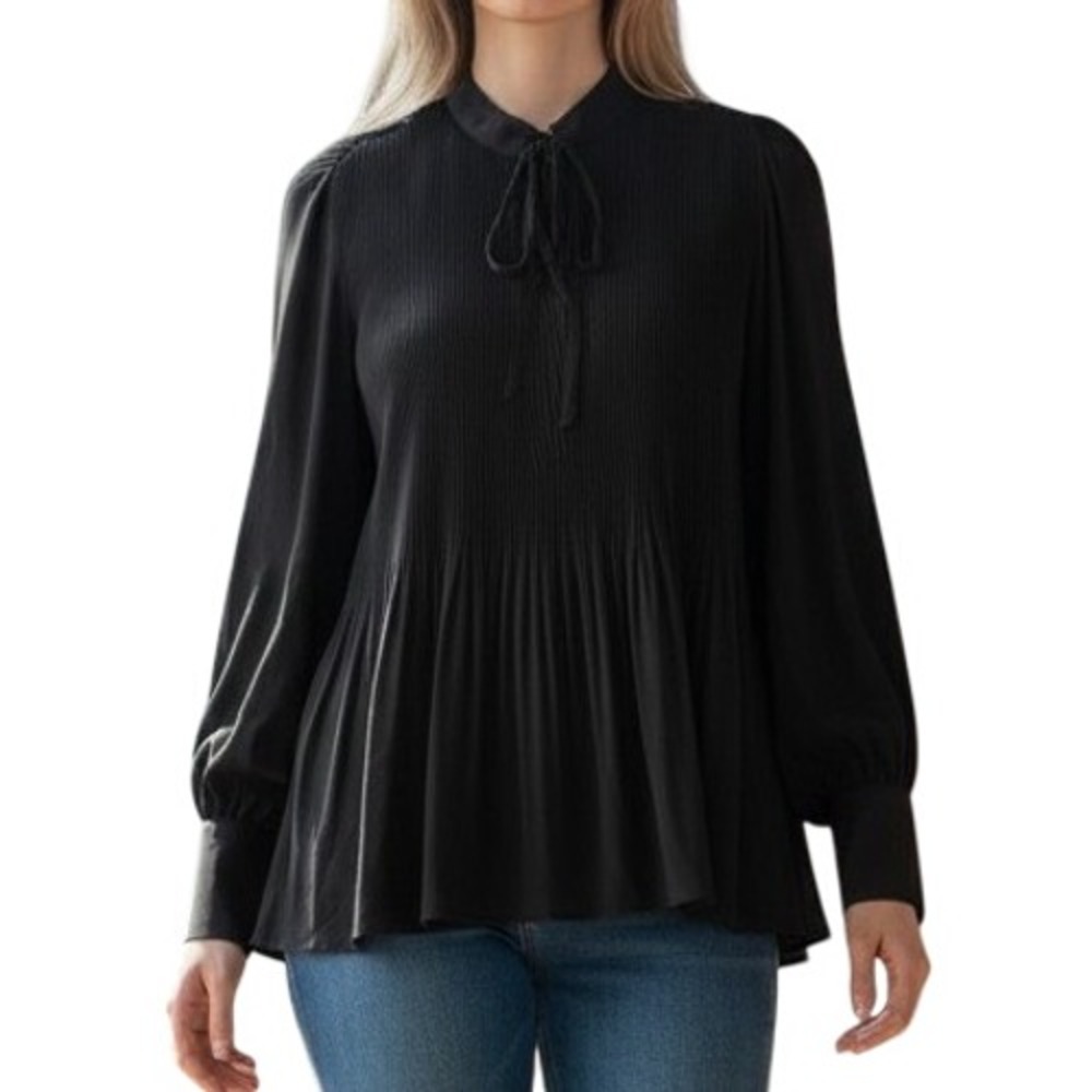 Truth by Republic Black Pleated Tie Neck Blouse Long Sleeve Top Womens Medium